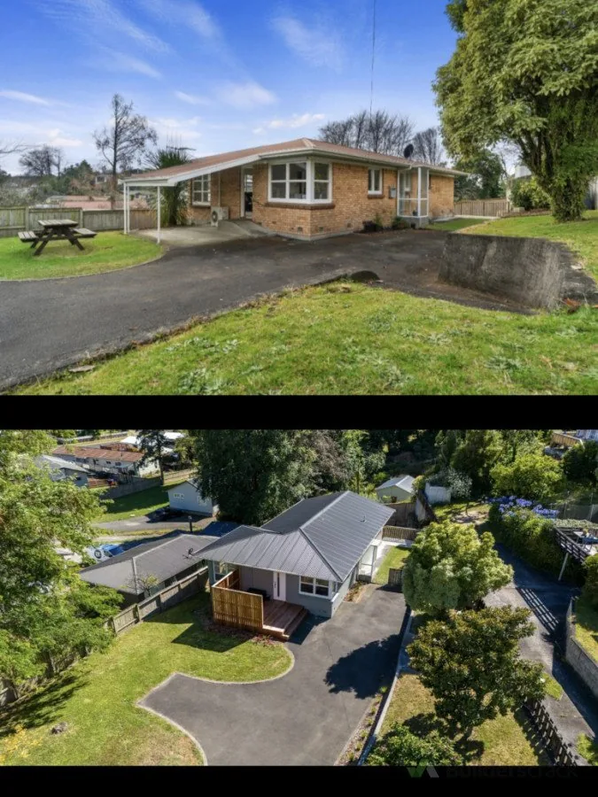 A dark vertical-corrugate clad outbuilding with a timber entry deck and picket screen fence